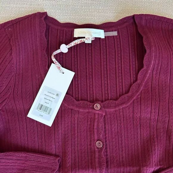 NWT LoveShackFancy Martti Stretch Pointelle Cardigan Small Top Spiced Berry Wine - Picture 7 of 10